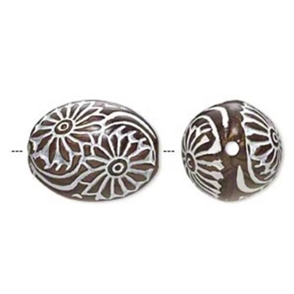 Vintage 80s Bronze White Large 24x18mm Carved Oval Acrylic Beads 2 pcs